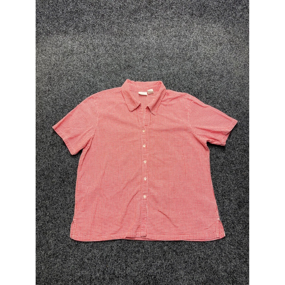Erika Womens Red White Gingham Check Button Down Short Sleeve Cotton Shirt XL
